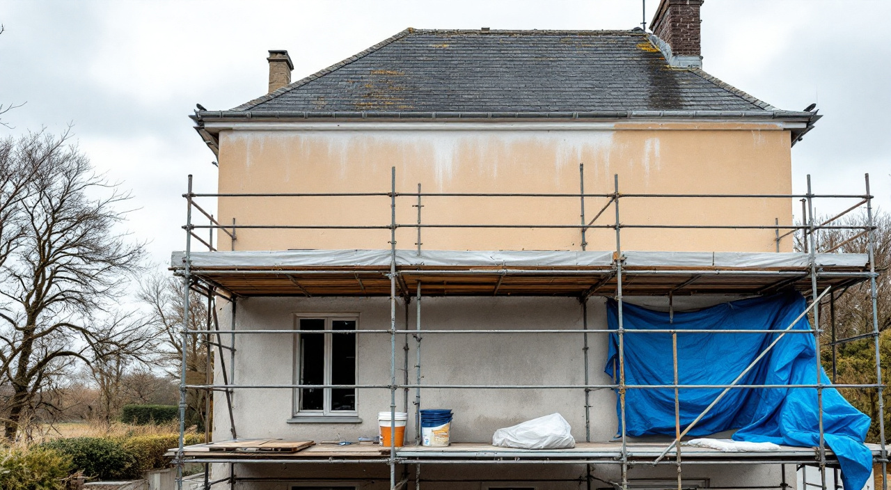 Façade sous échafaudage par temps froid et couvert, avec une bande horizontale plus sombre marquant l'arrêt d'une journée d'application