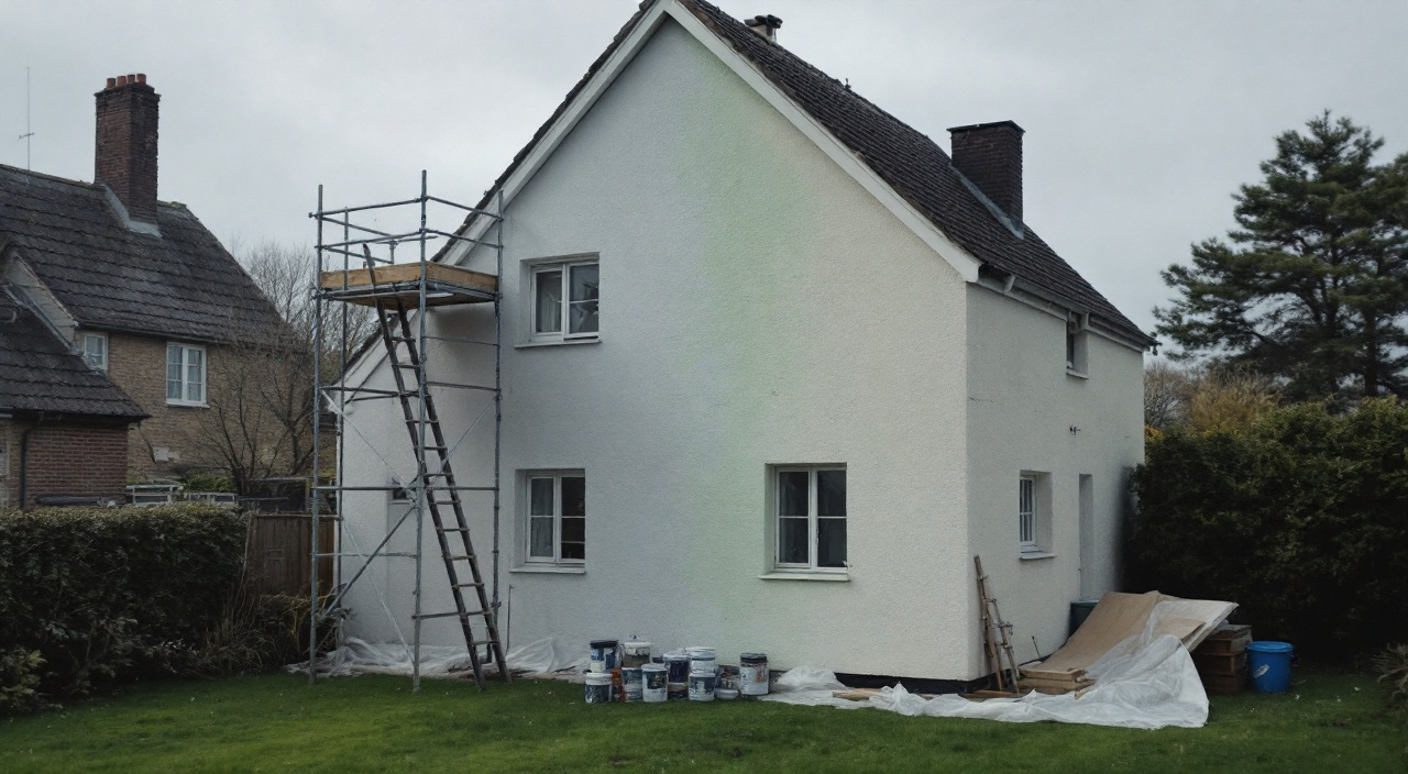 Pavillon dont seule la façade avant est échafaudée et recouverte d'un enduit neuf, le pignon latéral restant nu et couvert de mousses