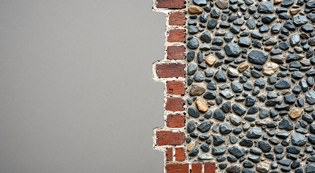 Mur de silex et de brique dont une moitié est recouverte d'un enduit gris, l'autre laissant voir les joints de chaux creusés.