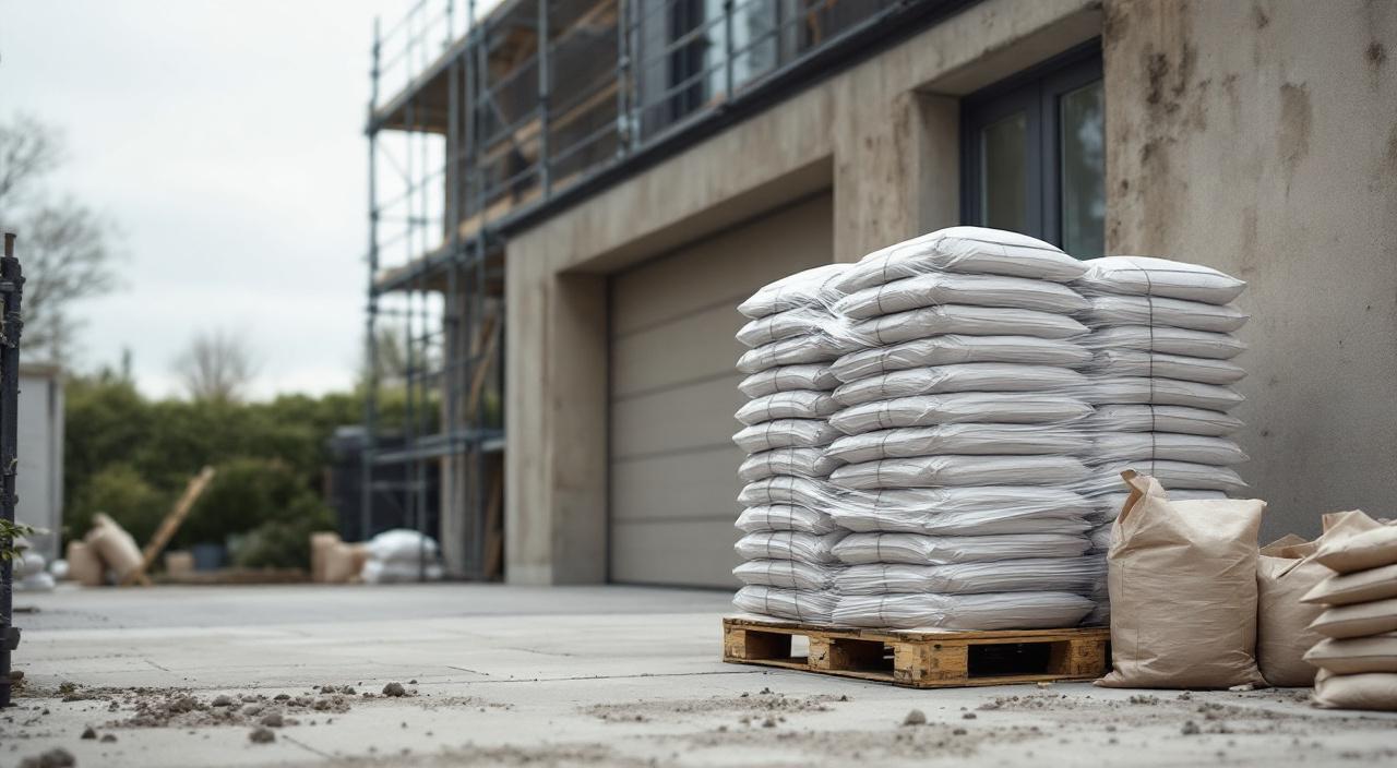 Palette de sacs d'enduit en poudre livrée au pied d'une façade sous échafaudage, avec des sacs vides empilés à côté