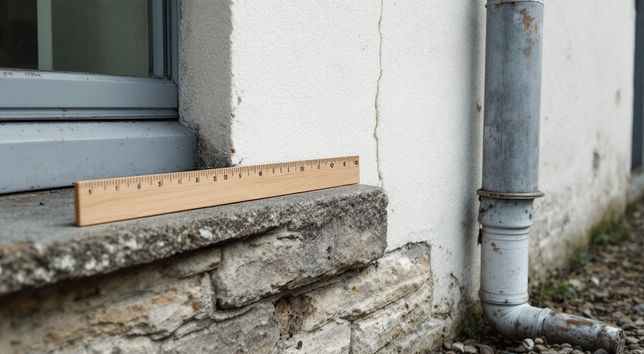 Réglet de menuisier posé contre une microfissure d'enduit sous un appui de fenêtre en pierre