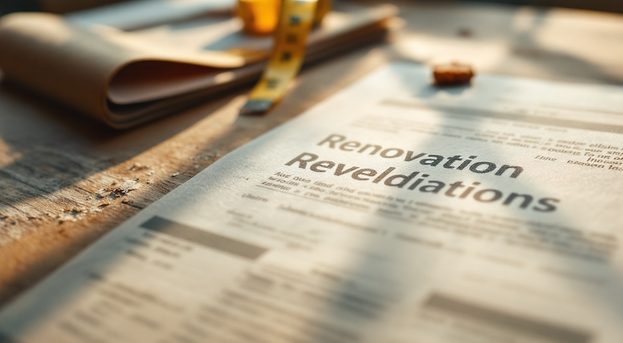 Un devis de ravalement posé sur une table en bois, à côté d'un mètre ruban et d'un éclat d'enduit sec.