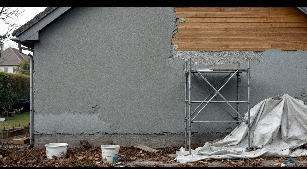 Façade à moitié décapée laissée en l'état, seau de mortier durci au pied du mur et cadre d'échafaudage sans planches
