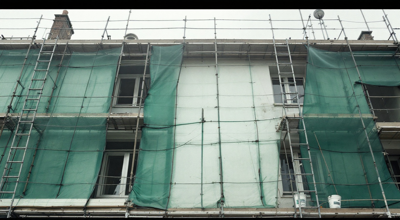 Façade sous échafaudage vue en contre-plongée, filet de protection écarté sur une travée laissant voir l'enduit fraîchement appliqué