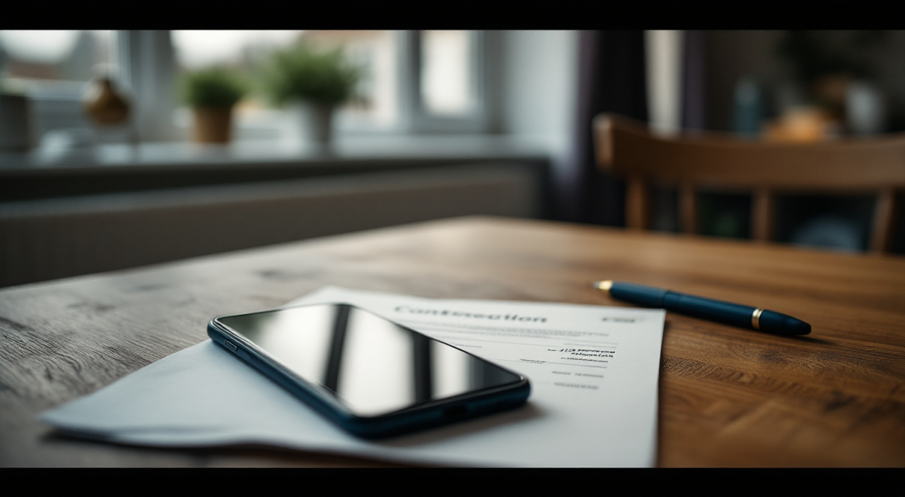 Téléphone posé face contre table à côté d'un devis plié et d'un stylo, devant une fenêtre