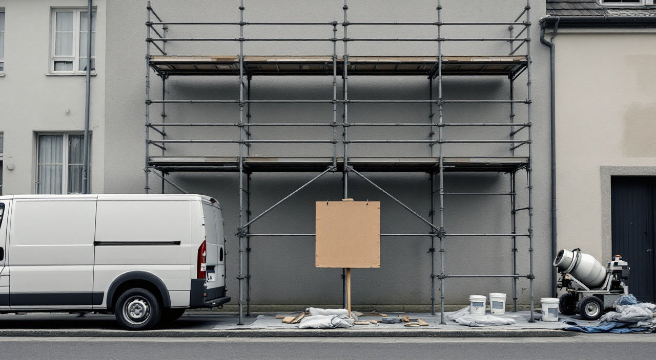 Échafaudage devant une façade en ravalement, camion utilitaire sans marquage et panneau de chantier vierge
