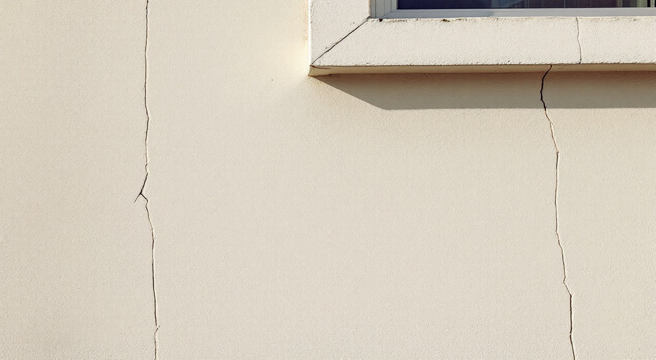 Façade enduite claire éclairée en lumière rasante, laissant apparaître de fines fissures verticales parallèles et une fissure en diagonale à l'angle d'une fenêtre