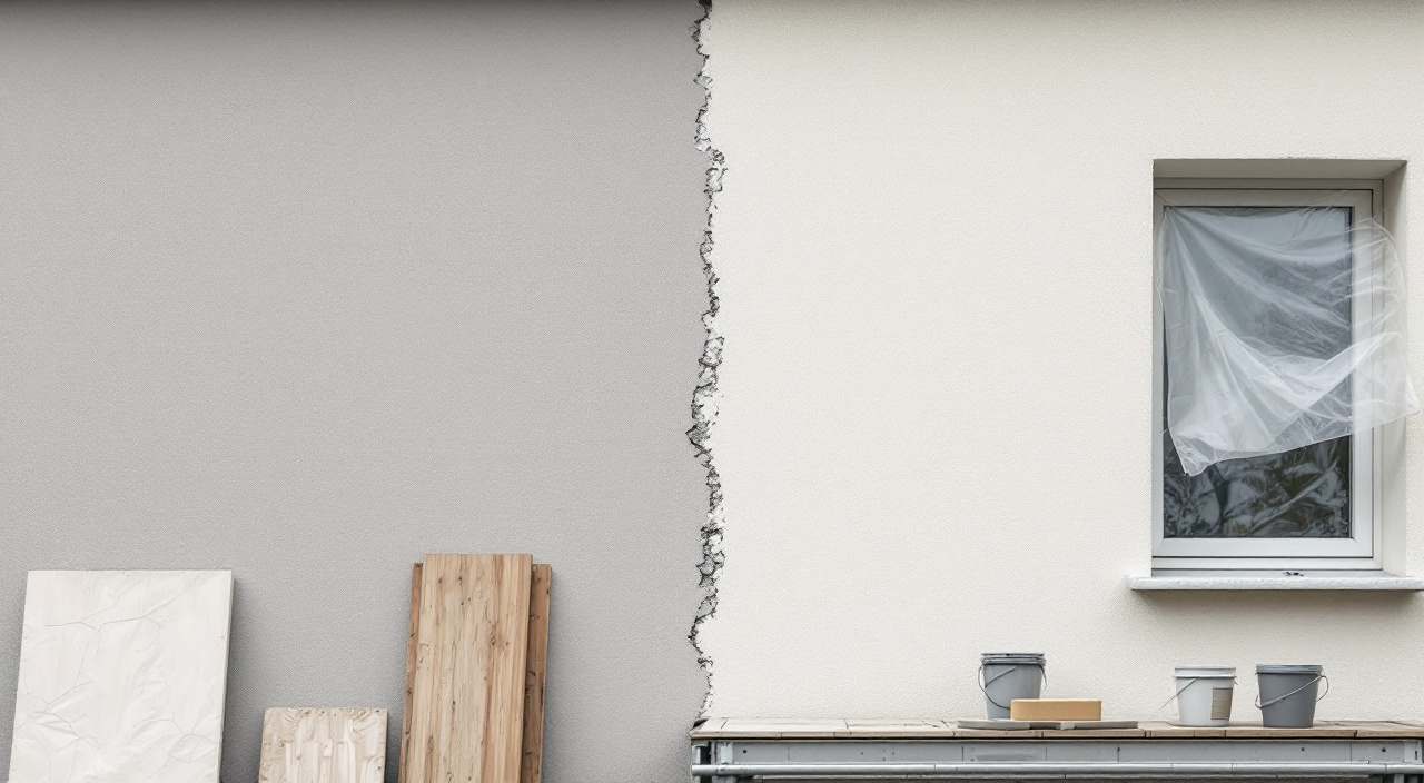 Façade en cours de reprise : ancien enduit gris fissuré à gauche, enduit neuf clair à droite, jonction brute visible sous un échafaudage vide