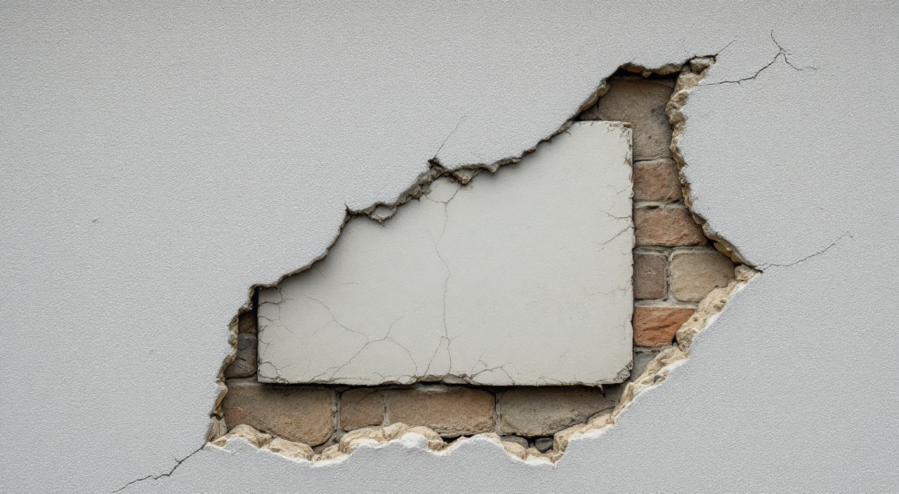 Plaque d'enduit détachée d'un mur, posée au sol face arrière visible, et la maçonnerie mise à nu derrière la zone tombée