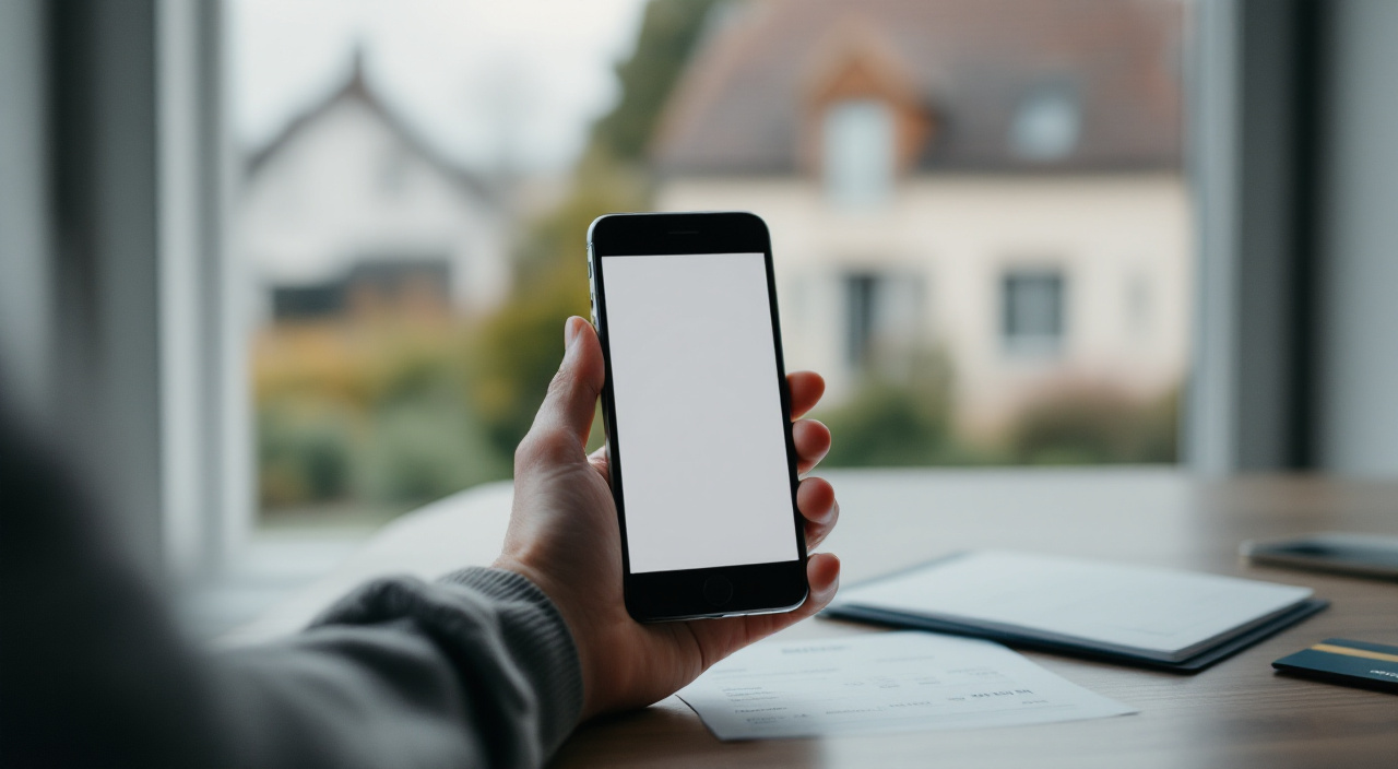 Téléphone tenu au-dessus d'un bureau à côté d'une facture imprimée et d'une carte bancaire, devant une fenêtre