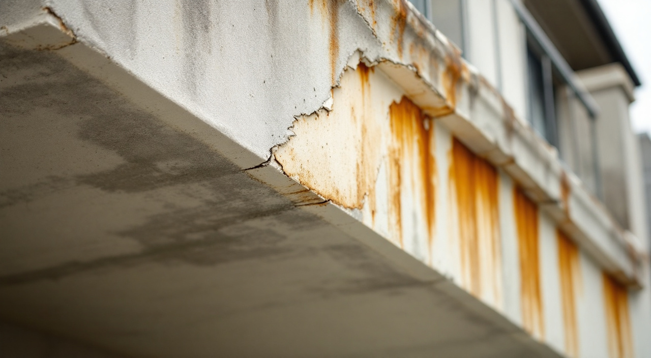 Sous-face d'un nez de balcon repeint dont le béton a éclaté, laissant apparaître deux aciers rouillés