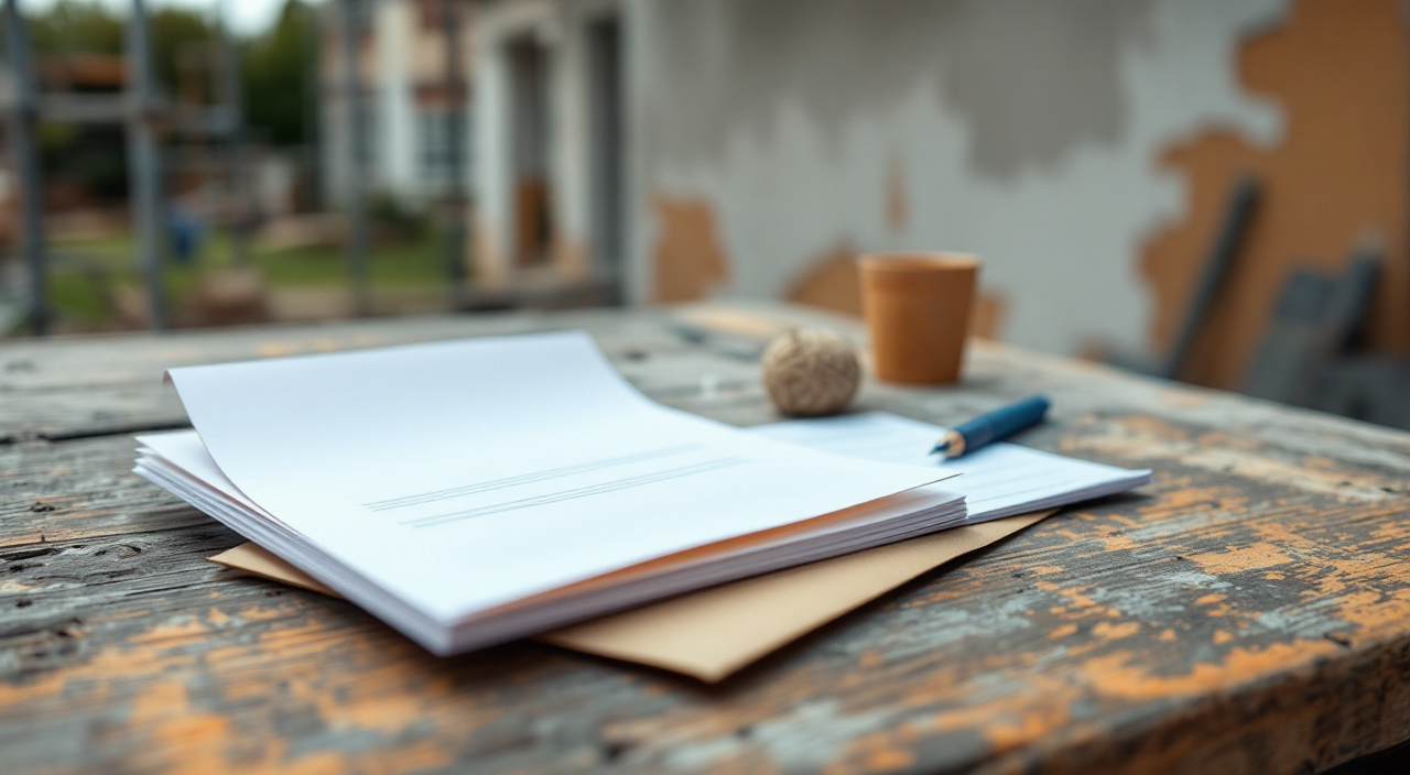 Table de chantier avec un devis plié, une enveloppe et un carnet de reçus vierge devant une façade en cours de ravalement