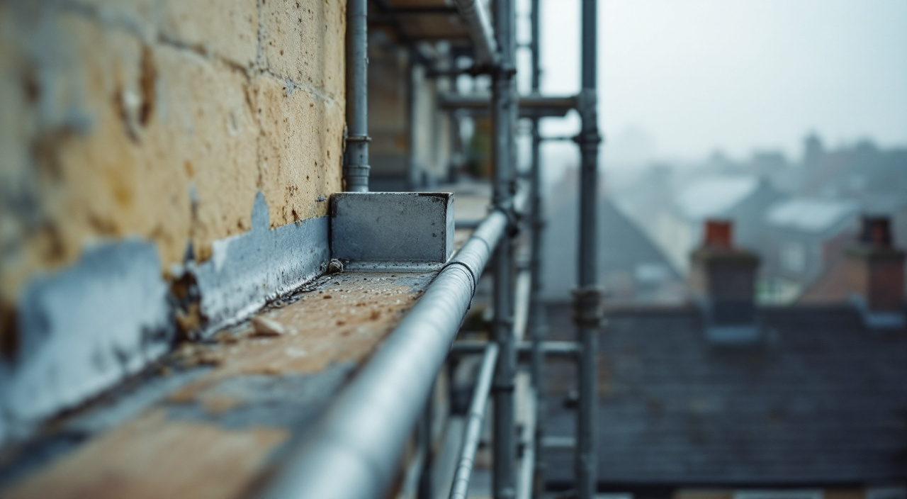 Plancher d'échafaudage désert au dernier niveau d'une façade, devant un couronnement de mur et un solin de zinc