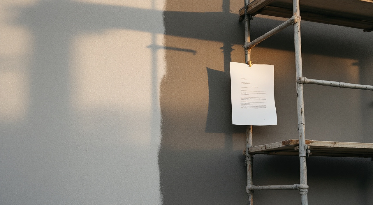 Façade de maison à moitié ravalée, échafaudage partiellement démonté et document accroché à une planche