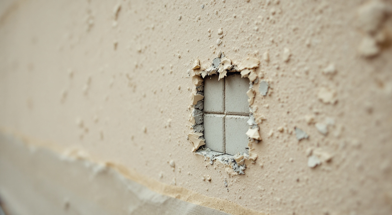 Test d'adhérence par quadrillage incisé à la lame sur un enduit de façade ancien, avec des écailles décollées le long des entailles.