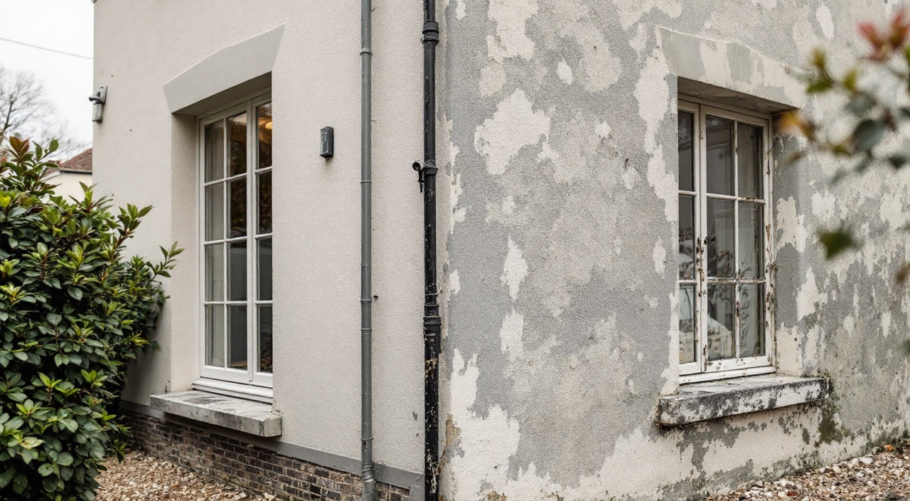Angle d'une maison de bourg : mur de rue en enduit neuf clair, mur arrière en enduit gris fissuré et verdi, raccord visible sur l'arête