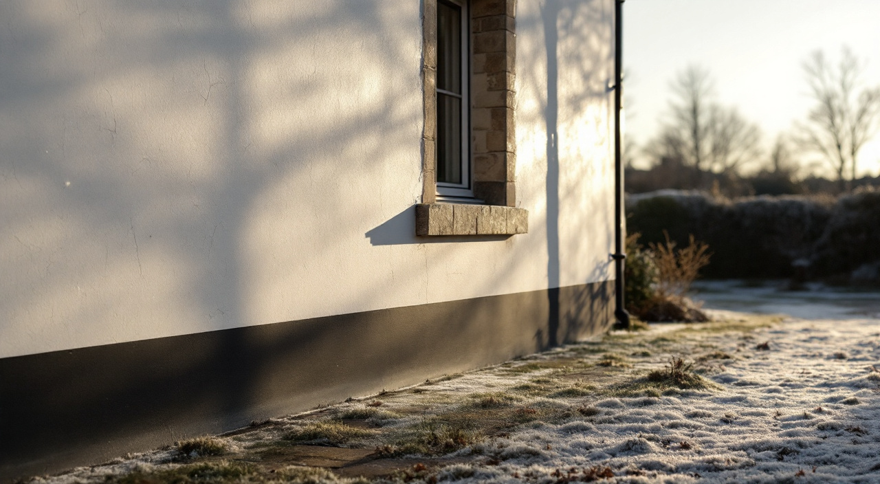 Lumière rasante d'hiver sur une façade récemment ravalée, révélant un faïençage fin et une cloque au-dessus d'un appui de fenêtre