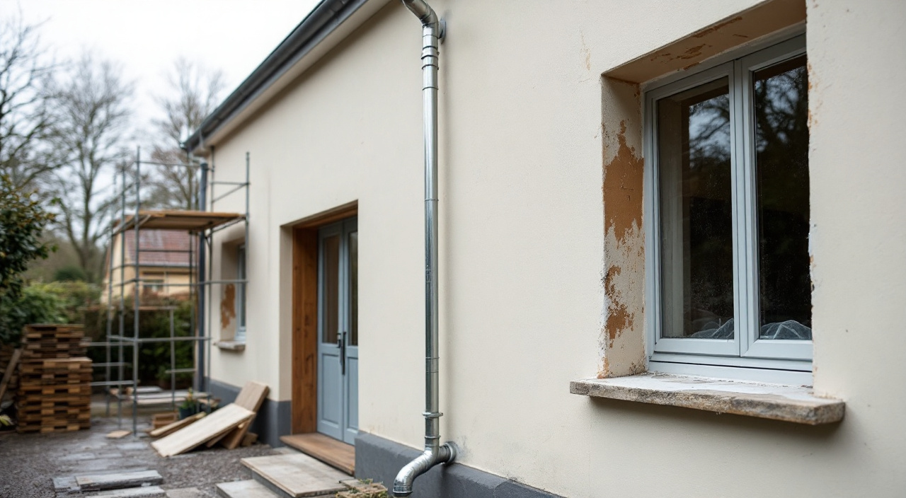Façade enduite récemment, échafaudage partiellement démonté et descente d'eau pluviale non reposée