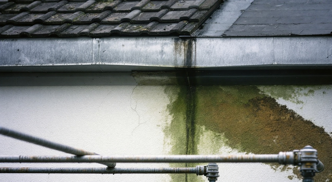 Rive de toiture au mortier fendu au-dessus d'une façade enduite marquée d'une coulure sombre verticale