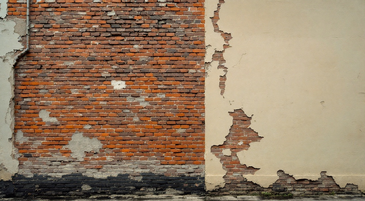 Mur de briques ouvrières mitoyen, une partie nue à joints creusés, l'autre couverte d'une peinture beige qui cloque et s'écaille en pied de mur