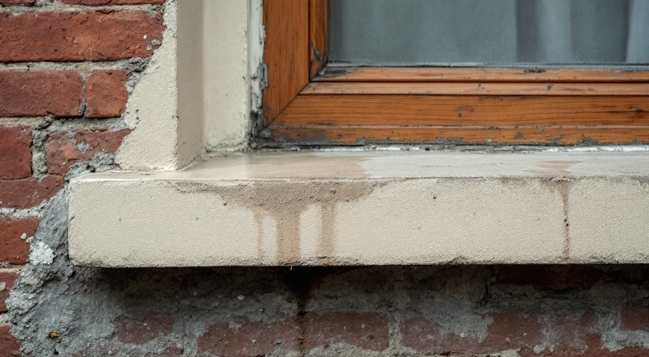 Appui de fenêtre en béton d'une maison ouvrière, repeint récemment, avec une coulure sombre sur l'enduit en dessous