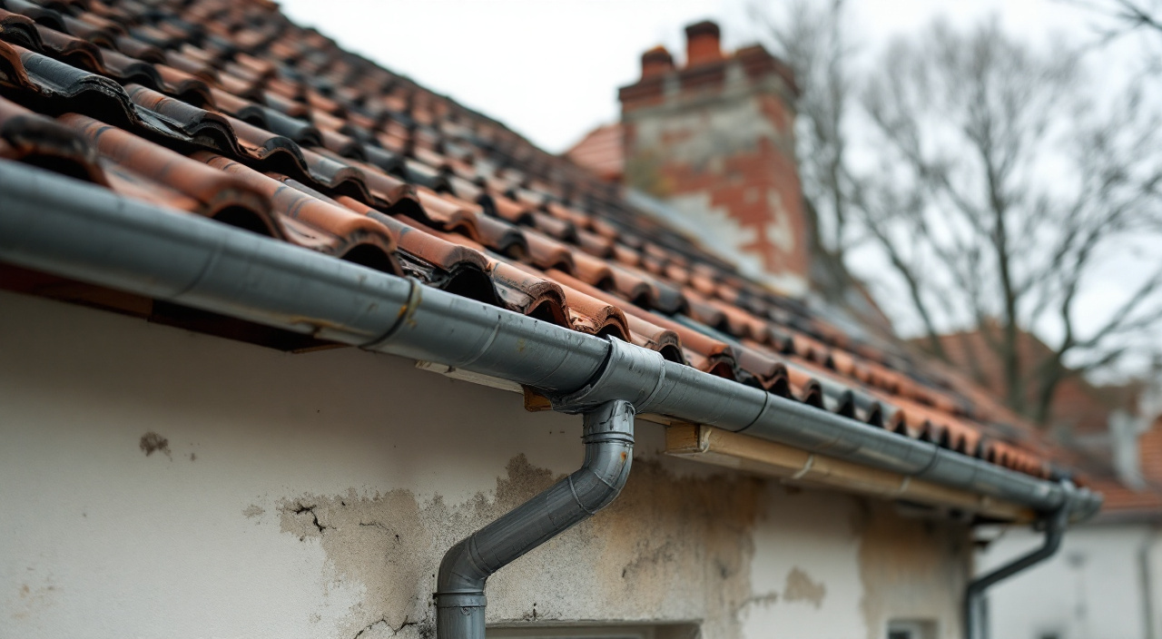 Maison en chantier : toiture refaite en partie haute, façade non traitée en partie basse, échafaudage limité au débord de toit