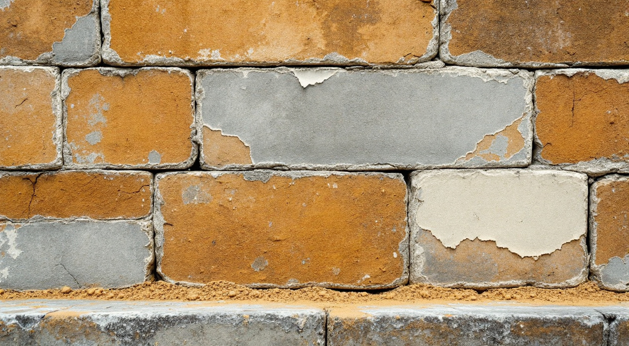 Mur de grison ocre avec bouchons de mortier de ciment gris en léger relief et écailles de peinture claire autour